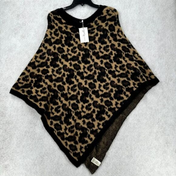 Simply Noelle Poncho Plush Furry Chenille Black & Tan Leopard One Size Sweater - Picture 1 of 8